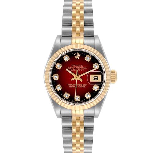 The Rolex Datejust 69173 Women's Steel and Gold (two tone) Red Dial 69173 Women's Steel and Gold (two tone) Red Dial watch is shown from the front, highlighting its face, bezel, and two-tone bracelet.