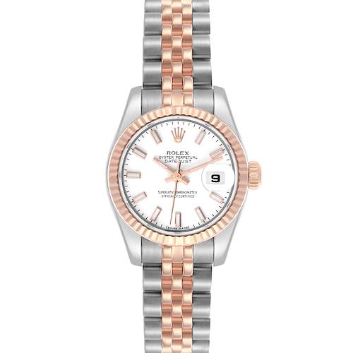 The Rolex Datejust 179171 Women's Steel and Gold (two tone) White Dial 179171 Women's Steel and Gold (two tone) White Dial watch is shown from a top-down angle, displaying the face, bezel, and bracelet.