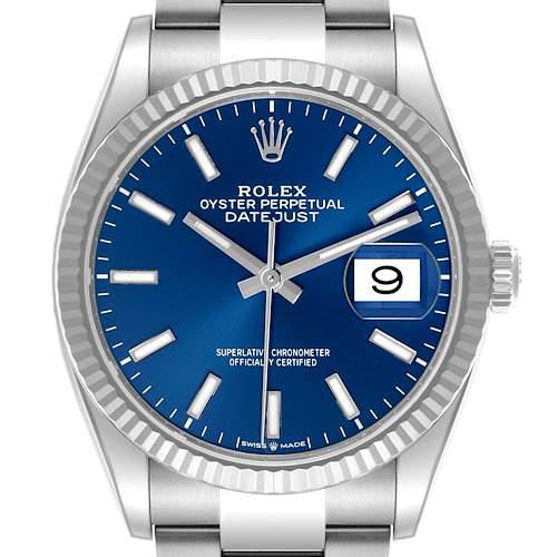 The Rolex Datejust 126234 Men's Stainless Steel Blue Dial 126234 Men's Stainless Steel Blue Dial watch is shown from a front angle, highlighting the blue dial, fluted bezel, and date window.