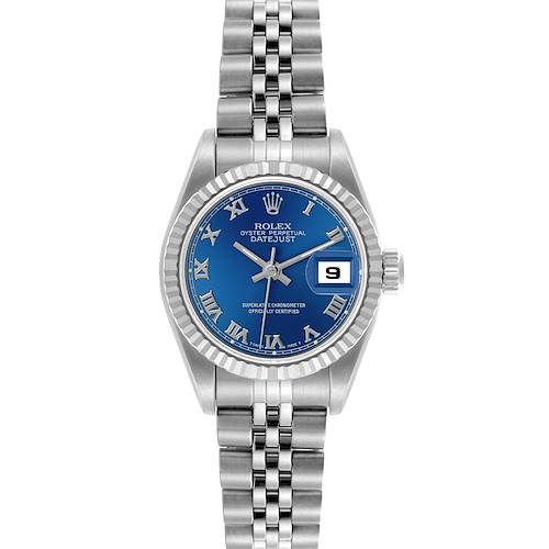 The Rolex Datejust 69174 Women's Stainless Steel Blue Dial 69174 Women's Stainless Steel Blue Dial watch is shown from a front angle, displaying its blue dial, fluted bezel, and Jubilee bracelet.