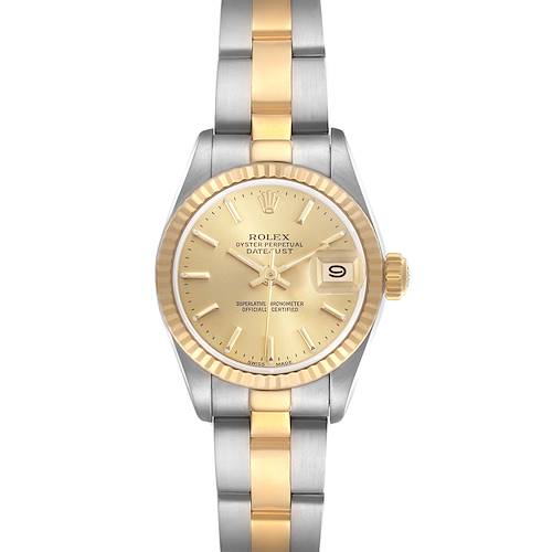 The Rolex Datejust 69173 Women's Steel and Gold (two tone) Champagne Dial 69173 Women's Steel and Gold (two tone) Champagne Dial watch is shown from a front angle, displaying the dial, case, bezel, and bracelet.