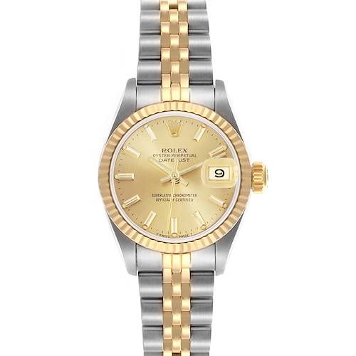 The Rolex Datejust 69173 Women's Steel and Gold (two tone) Champagne Dial 69173 Women's Steel and Gold (two tone) Champagne Dial watch is shown from a top-down angle, displaying the dial, fluted bezel, and Jubilee bracelet.