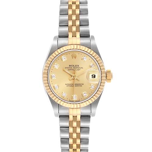 The Rolex Datejust 69173 Women's Steel and Gold (two tone) Champagne Dial 69173 Women's Steel and Gold (two tone) Champagne Dial watch is shown from a top view, highlighting its dial, bezel, and two-tone bracelet.