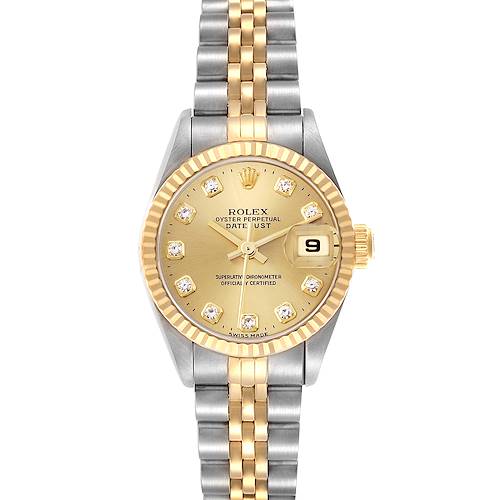 The Rolex Datejust 69173 Women's Steel and Gold (two tone) Champagne Dial 69173 Women's Steel and Gold (two tone) Champagne Dial watch is shown from a front view, displaying the dial, bezel, and two-tone bracelet.