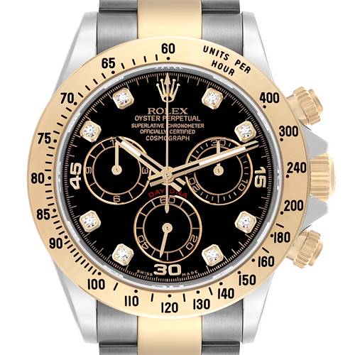 The Rolex Daytona 116523 Men's Steel and Gold (two tone) Black Dial 116523 Men's Steel and Gold (two tone) Black Dial watch is shown from the front, featuring a gold bezel, black dial, and chronograph subdials.