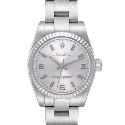 This image shows a front view of a Rolex Mid-Size 177234 Women's Stainless Steel Silver Dial 177234 Women's Stainless Steel Silver Dial Oyster Perpetual watch, highlighting the dial, hands, bezel, and part of the bracelet.