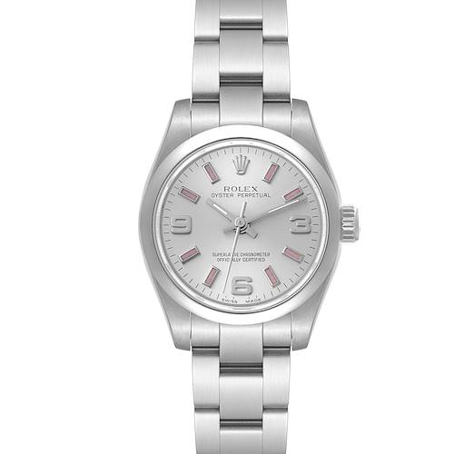 The Rolex Oyster Perpetual 176200 Women's Stainless Steel Silver Dial 176200 Women's Stainless Steel Silver Dial watch is shown from the front, displaying the face, bracelet, crown, and dial details.