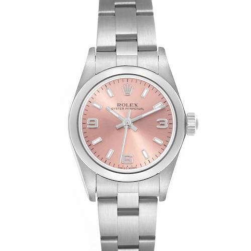 The image shows a front view of a Rolex Oyster Perpetual 76080 Women's Stainless Steel Pink Dial 76080 Women's Stainless Steel Pink Dial watch, displaying its dial, bezel, and stainless steel bracelet.