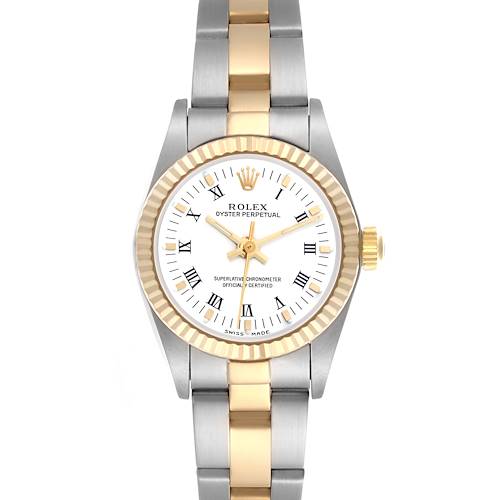 The Rolex Oyster Perpetual 76193 Women's Steel and Gold (two tone) White Dial 76193 Women's Steel and Gold (two tone) White Dial watch is shown from a top-down angle, highlighting the face, bezel, and bracelet.