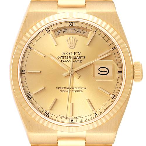 The Rolex Oysterquartz 19018 Men's Yellow Gold Champagne Dial 19018 Men's Yellow Gold Champagne Dial Day-Date watch is shown from a front angle, displaying its face, dial, hands, and bezel.