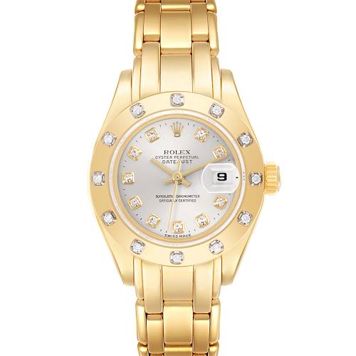 The Rolex Pearlmaster 69318 Women's Yellow Gold Silver Dial 69318 Women's Yellow Gold Silver Dial watch is shown from a top view, featuring its dial, bezel, and bracelet.