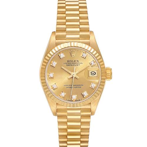 The Rolex President 69178 Women's Yellow Gold Champagne Dial 69178 Women's Yellow Gold Champagne Dial model is shown from a top view, highlighting its gold bracelet, fluted bezel, and diamond-accented dial.