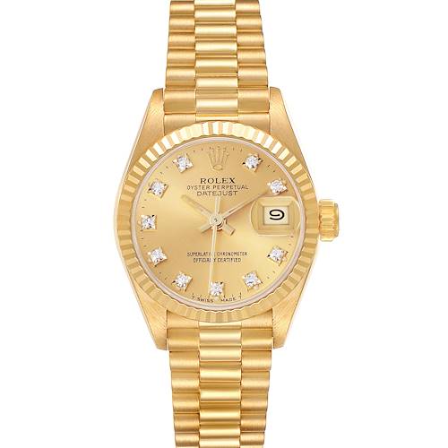 The Rolex President 69178 Women's Yellow Gold Champagne Dial 69178 Women's Yellow Gold Champagne Dial model watch is shown from the front, highlighting its dial, bezel, crown, and bracelet.