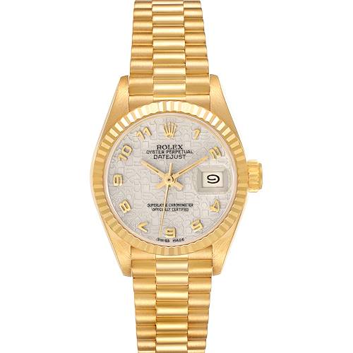 The Rolex President 69178 Women's Yellow Gold White Dial 69178 Women's Yellow Gold White Dial model is shown from a top-down angle, displaying its gold bracelet, case, and textured dial with a date window.