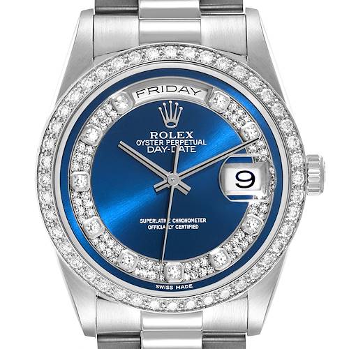 The image shows a Rolex President 18346 Men's Platinum Blue Dial 18346 Men's Platinum Blue Dial model watch, displaying the face, diamond bezel, day, and date functions.