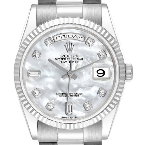The Rolex President 118239 Men's White Gold Mother of Pearl Dial 118239 Men's White Gold Mother of Pearl Dial model is shown from a front angle, displaying the face, bezel, crown, and part of the bracelet.
