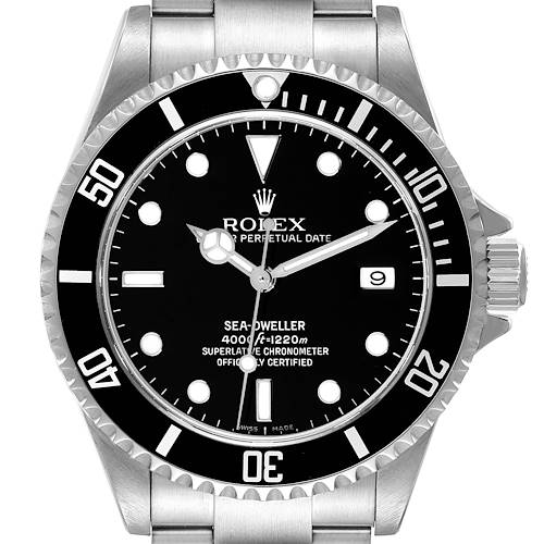 The image shows a front view of a Rolex Sea-Dweller 16600 Men's Stainless Steel Black Dial 16600 Men's Stainless Steel Black Dial watch, focusing on the dial, bezel, and part of the bracelet.