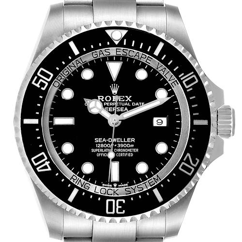 The image shows a front view of the Rolex Sea-Dweller 126660 Men's Stainless Steel Black Dial 126660 Men's Stainless Steel Black Dial watch, displaying its dial, bezel, and part of the bracelet.
