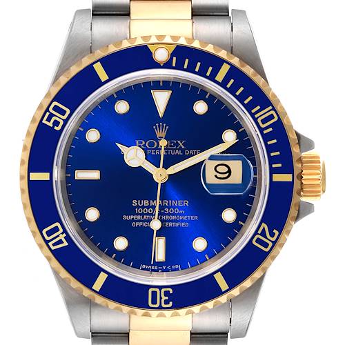 The image shows a frontal view of a Rolex Submariner 16613 Men's Steel and Gold (two tone) Blue Dial 16613 Men's Steel and Gold (two tone) Blue Dial watch, highlighting its blue dial, bezel, and date window.