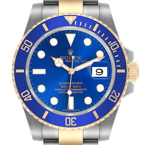 The Rolex Submariner 116613LB Men's Steel and Gold (two tone) Blue Dial 116613LB Men's Steel and Gold (two tone) Blue Dial watch is shown from the front, displaying the dial, bezel, and part of the bracelet.