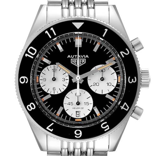 The image shows a frontal view of the Tag Heuer Autavia CBE2110.BA0687 Men's Stainless Steel Black Dial CBE2110.BA0687 Men's Stainless Steel Black Dial watch, displaying the dial, bezel, and part of the bracelet.
