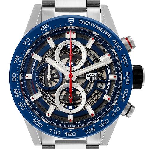 The image shows a front view of the Tag Heuer Carrera CAR201T Men's Stainless Steel Blue Dial CAR201T Men's Stainless Steel Blue Dial watch, highlighting its dial, subdials, tachymeter bezel, and stainless steel bracelet.