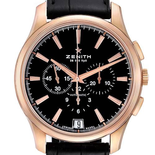 The image shows a close-up, front view of a Zenith Captain 18.2112.400 Men's Rose Gold Black Dial 18.2112.400 Men's Rose Gold Black Dial model watch, displaying its dial, hands, and case details.