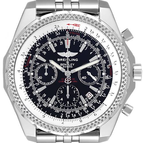 The Breitling Bentley A25362 Men's Stainless Steel Black Dial A25362 Men's Stainless Steel Black Dial watch is shown from the front, displaying its face, bezel, and part of the bracelet.