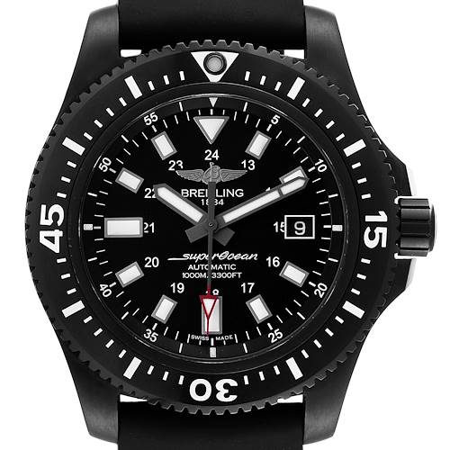 This image shows a close-up front view of the Breitling Superocean M17393 Men's Stainless Steel Black Dial M17393 Men's Stainless Steel Black Dial watch, highlighting its dial, bezel, and crown.