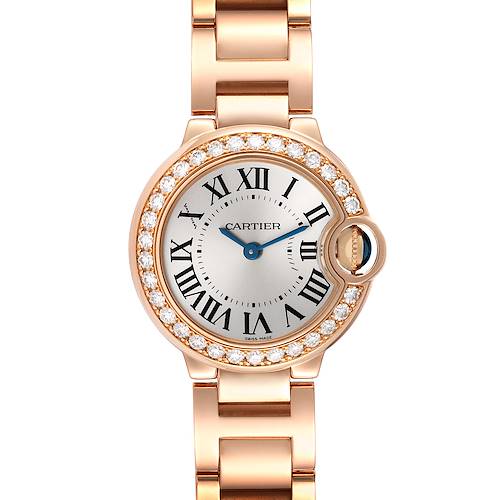 The image shows a front view of a Cartier Ballon Bleu WJBB0015 Women's Rose Gold Silver Dial WJBB0015 Women's Rose Gold Silver Dial watch, highlighting the face, bezel with diamonds, and part of the bracelet.