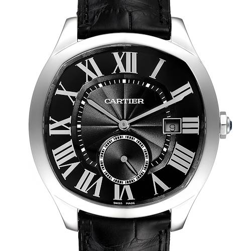 The Drive de Cartier watch is shown from the front, highlighting its dial, hands, numerals, and date window.