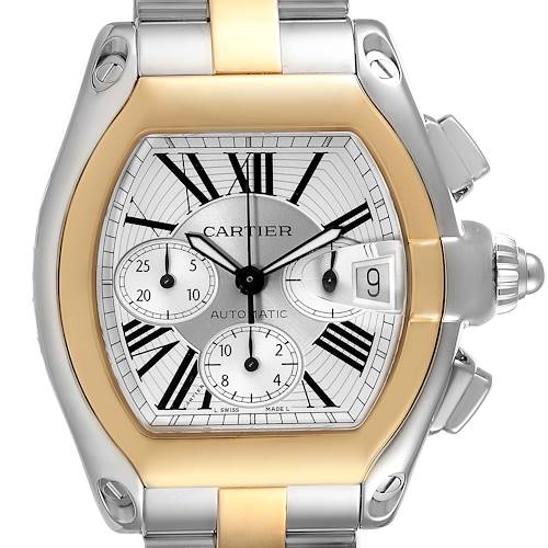 The Cartier Roadster W62027Z1 Men's Steel and Gold (two tone) Silver Dial W62027Z1 Men's Steel and Gold (two tone) Silver Dial watch is shown from a front angle, highlighting its face, dials, date window, and two-tone case.