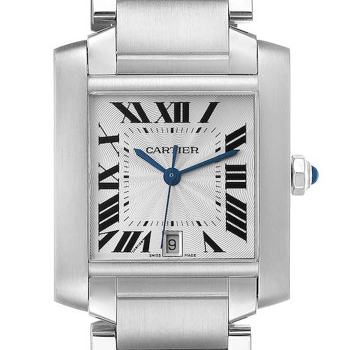 The image shows a front view of a Cartier Tank Francaise W51002Q3 Men's Stainless Steel Silver Dial W51002Q3 Men's Stainless Steel Silver Dial watch, highlighting its rectangular face, Roman numerals, and metal bracelet.