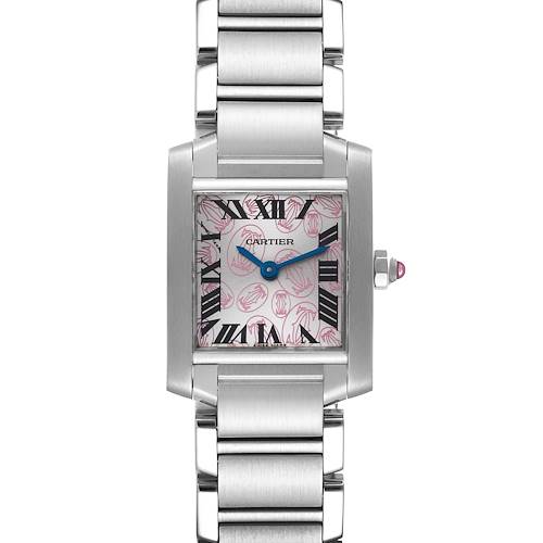The image shows a front view of the Cartier Tank Francaise W51031Q3 Women's Stainless Steel Silver Dial W51031Q3 Women's Stainless Steel Silver Dial watch, including its face, band, and crown.