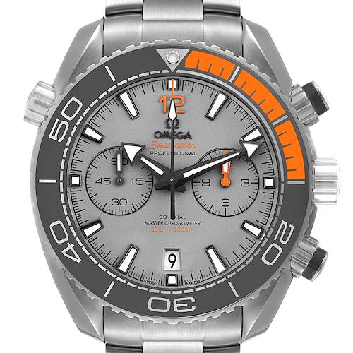 This image shows the face of the Omega Seamaster Planet Ocean watch, including the dial, bezel, sub-dials, and part of the bracelet.