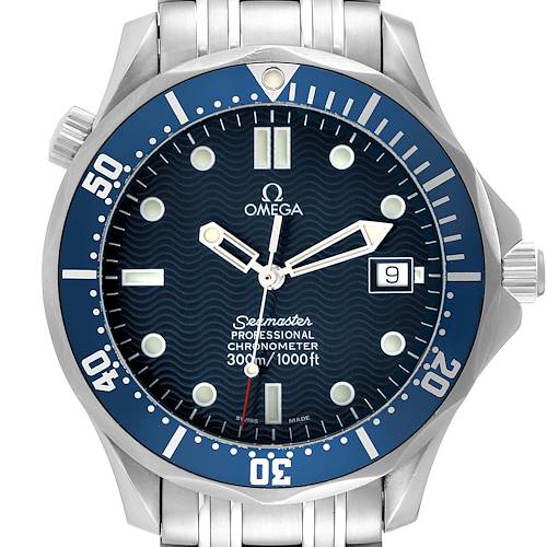 The Omega Seamaster 2531.80.00 Men's Stainless Steel Blue Dial 2531.80.00 Men's Stainless Steel Blue Dial watch is shown from the front, displaying its blue dial, bezel, date window, and stainless steel bracelet.