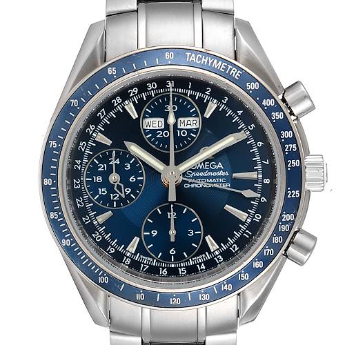 The image shows a front view of the Omega Speedmaster 3222.80.00 Men's Stainless Steel Blue Dial 3222.80.00 Men's Stainless Steel Blue Dial watch, highlighting the dial, bezel, subdials, and chronograph pushers.