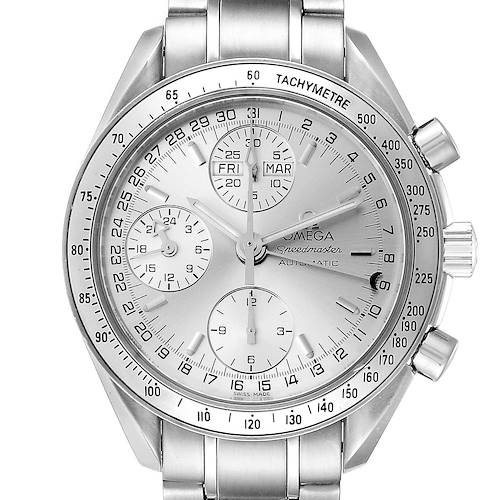 This is a front view of an Omega Speedmaster 3523.30.00 Men's Stainless Steel Silver Dial 3523.30.00 Men's Stainless Steel Silver Dial watch showing the dial, subdials, tachymeter bezel, and part of the bracelet.