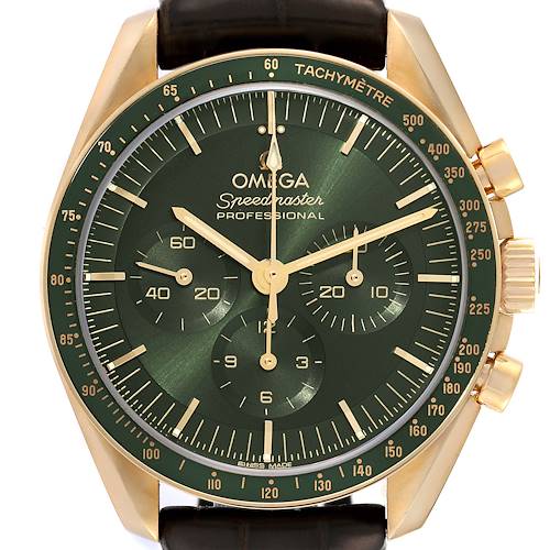 The image shows a front view of an Omega Speedmaster 310.63.42.50.10.001 Men's Yellow Gold Green Dial 310.63.42.50.10.001 Men's Yellow Gold Green Dial watch, highlighting its green dial, sub-dials, and gold casing.