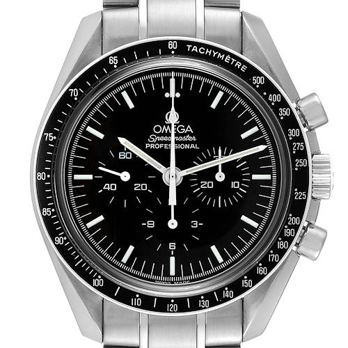 The image shows a front view of the Omega Speedmaster 3573.50.00 Men's Stainless Steel Black Dial 3573.50.00 Men's Stainless Steel Black Dial Professional watch, highlighting its dial, bezel, and chronograph pushers.