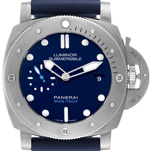 This is a front view of the Panerai Luminor Submersible watch, showcasing its dial, bezel, and crown guard.