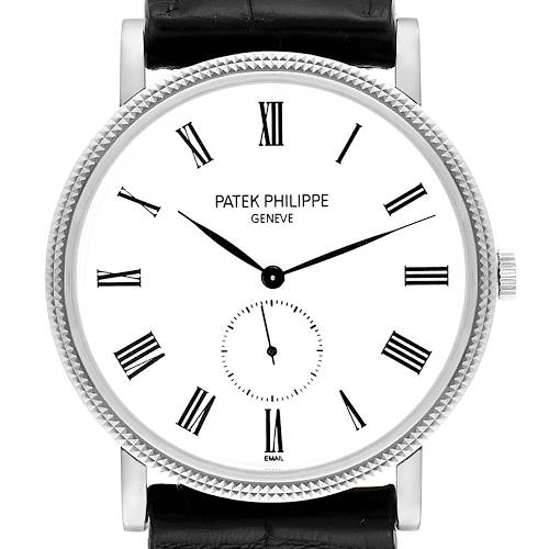This image shows a front view of the Calatrava model by Patek Philippe, highlighting the dial, hour markers, and strap.