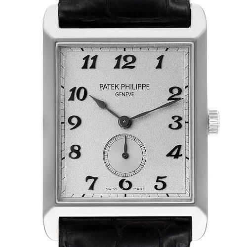 The image shows a front view of the Patek Philippe Gondolo 5109G Men's White Gold Silver Dial 5109G Men's White Gold Silver Dial watch, highlighting the dial, hands, numerals, subdial, crown, and part of the strap.