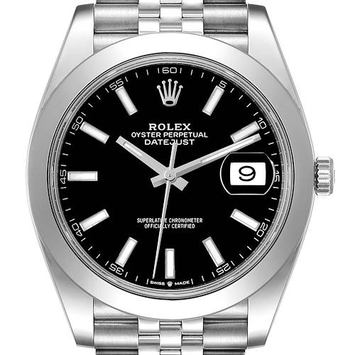 The image shows a front view of the Rolex Datejust 41 126300 Men's Stainless Steel Black Dial 126300 Men's Stainless Steel Black Dial, highlighting the face, bezel, crown, and bracelet.
