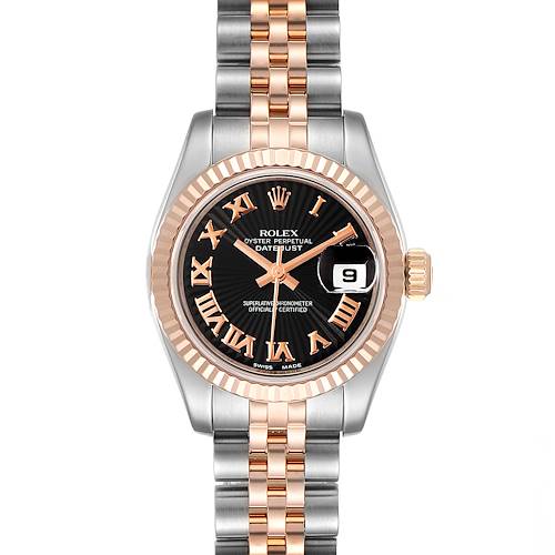 The image shows a front view of a Rolex Datejust 179171 Women's Steel and Gold (two tone) Black Dial 179171 Women's Steel and Gold (two tone) Black Dial watch with a two-tone metal bracelet and Roman numeral markers.