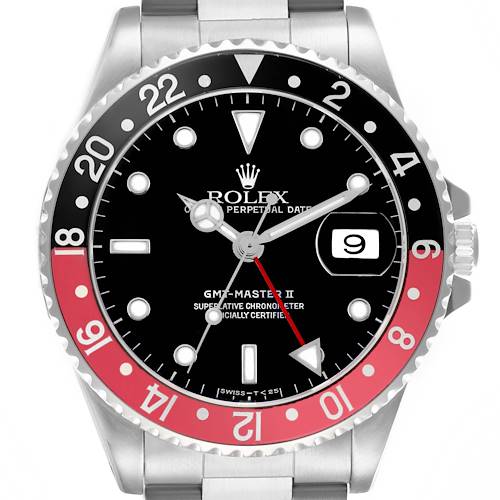 The Rolex GMT-Master 16710 Men's Stainless Steel Black Dial 16710 Men's Stainless Steel Black Dial II is shown from a front angle, highlighting its bezel, dial, and date feature.