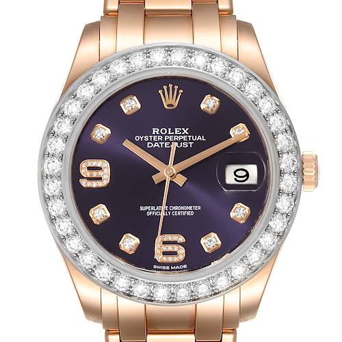 This image shows a frontal view of the Rolex Pearlmaster 86285 Men's Rose Gold Blue Dial 86285 Men's Rose Gold Blue Dial watch, highlighting its face, bezel, and part of its bracelet.