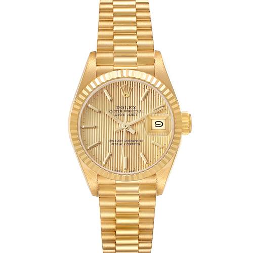 The image shows a frontal view of a Rolex President 69178 Women's Yellow Gold Champagne Dial 69178 Women's Yellow Gold Champagne Dial model, highlighting the dial, bezel, bracelet, and crown.
