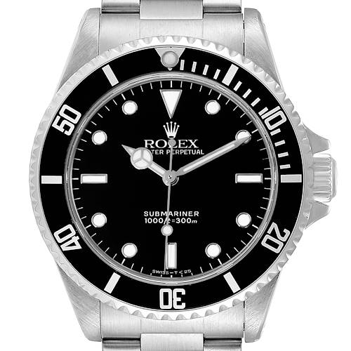 The image shows a front view of the Rolex Submariner 14060 Men's Stainless Steel Black Dial 14060 Men's Stainless Steel Black Dial watch, displaying its black dial, bezel, and stainless steel bracelet.