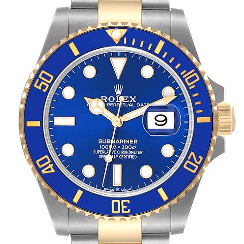 The image shows a front view of a Rolex Submariner 126613 Men's Steel and Gold (two tone) Blue Dial 126613 Men's Steel and Gold (two tone) Blue Dial watch, highlighting its blue dial, bezel, and gold-toned detailing.